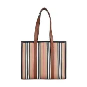 【BURBERRY 巴寶莉】BURBERRY經典LOGO英式直條紋設計塗層帆布搭牛皮吸釦式肩背托特包(典藏米x棕)