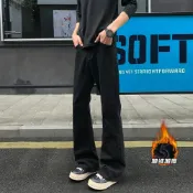 (店+)牛仔褲男內刷毛防風男長褲休閒褲保暖褲運動褲直筒褲運動長褲工作褲彈力男裝耐磨抗皺大尺碼寬鬆美式鬼洗闊腿男士復古抓絨褲子下著
