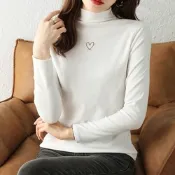 La Belleza立領半高領愛心刺繡內裡磨毛保暖內搭彈性上衣