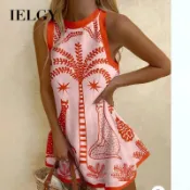 IELGY歐美印花亞麻無袖迷你短裙洋裝