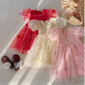 夏季新款女寶立體花朵刺繡公主裙 泡泡短袖輕薄網紗大擺洋裝中兒童禮服裙
