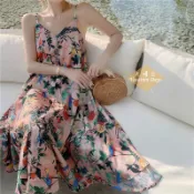 台灣現有更新🔺天晴日☀印花 超美 渲染 皺摺 滑布面 細肩  露背 渡假 沙灘裙 性感 連身裙 洋裝 V領