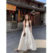 台灣出貨 免運 白色吊帶裙 女款海邊度假連身裙 收腰中長款大擺裙 無袖洋裝 夏日渡假穿搭 沙灘旅行休閒裙