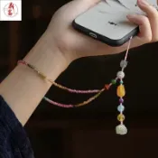 [多寶多福]碧璽蜜蠟和田玉玉髓手機鏈掛飾手腕掛繩女網紅款古風