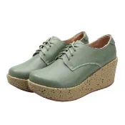 【LOVE FOOT 樂芙】厚底牛津鞋 綁帶牛津鞋/時尚真皮鬆糕厚底綁帶牛津鞋 休閒鞋(綠)