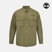 Timberland官方旗艦 男款灰綠色寬版長袖襯衫外套|A5SKU590