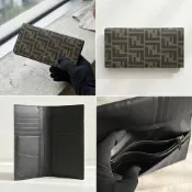 FENDI 復古緹花帆布12卡折疊長夾(褐x內裡黑)