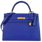 【Hermes 愛馬仕】Kelly 32CM 7T Epsom A年 牛皮手提/肩背凱莉包(電子藍/金釦)
