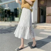 協貿國際日用品生活11館 魚尾裙半身裙黑色包臀a字裙女中長款網紗高腰勾花鏤空蕾絲大擺裙