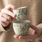 台灣現貨翠綠文竹水缸杯主人杯大號陶瓷喝中式功夫品茗杯單杯