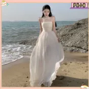 🏆臺灣出貨🏆 連衣裙 吊帶女洋裝 沙灘裙 連身裙 長款洋裝 度假風洋裝 超僊海邊度假大擺連衣裙純色褶皺氛圍感氣質飄逸收腰