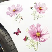 【雯雯貼紙】水水彩粉色波斯菊花卉劃痕遮擋遮蓋貼車身前後保險櫃葉子闆玻璃裝飾防水貼紙