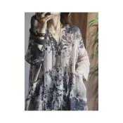 (店+)免稅免運｜hc精選 文藝水墨印花苎麻襯衫女中長款寬松薄款亞麻防曬開衫外套棉麻上衣
