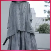 【純欲】洋裝女 夏日不規則雙層大擺灰色手工扎染復古超長飄逸洋裝細肩帶裙個性