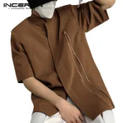 Incerun 男士夏季復古半袖純色拉鍊立領襯衫