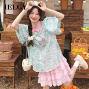 IELGY 碎花泡泡袖短袖襯衫粉色蛋糕小短裙兩件套女
