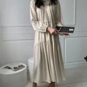【🍒櫻桃大尺碼】XL-5XL 大尺碼洋裝女 實拍秋季韓版女裝純色長袖圓領裙子寬松束腰大擺套頭打底裙1007