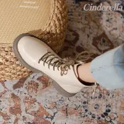 Cinderella 特價斷碼真皮英倫風彈力靴子厚底薄款增高粗跟馬丁靴 馬丁靴女 百搭短靴 增高靴 厚底短靴 網紗馬丁靴