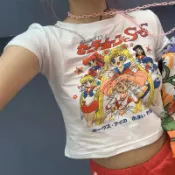 [ ohya梨花 ] =韓國帶回=最新春夏新款名媛甜美女團風黑色/白色卡通美少女戰士修身造型上衣tshirt