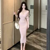 韓版秋季新品聚會派對性感粉色針織長裙女裝緊身V領長袖中長款緊身洋裝