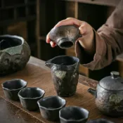 君源優品 茶具組 茶具禮盒 日式茶具 茶杯 茶壺 公道杯 鎏金粗陶茶具套裝整套功夫茶具陶瓷復古家用辦公室簡約茶海茶壺杯
