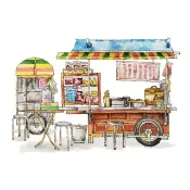 台灣懷舊街景海報-北港杏仁茶早餐餐車-30x40cm-掛畫-複製畫