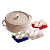【STAUB】亞麻色圓形琺瑯鑄鐵鍋淺鍋＋方形陶缽烤盤4＋1件組(德國雙人牌集團官方直營)