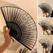 洛陽牡丹 中國風折疊小扇子隨身攜帶古風漢服古裝舞蹈黑色摺扇