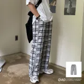 【QIAO】格紋長褲  黑白格紋 直筒 闊腿褲 輕棉麻 男生長褲 格子褲 長褲 復古百搭 韓國空運