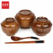 協貿國際日用品生活12館 包郵實木帶蓋木碗酸棗木泡面碗防冷保溫兒童碗寶寶輔食碗套碗