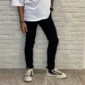 TOP_KOREA  正韓 黑色彈力不透膚牛仔窄管褲基本款素面刀割破壞(蝦皮限定) J342 J206