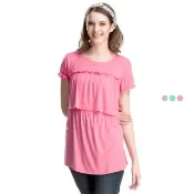 【Gennies 奇妮】荷葉公主袖哺乳上衣-粉/綠/灰(哺乳衣 短袖哺乳衣 造型扣 綁帶 上掀哺乳)