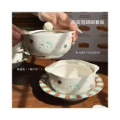 (店+)【Lequki Store】薄巧貓咪釉下彩陶瓷泡麪碗家用雙耳帶玻璃蓋大容量學生螺螄粉碗陶瓷餐具廚房用品