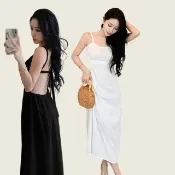 【AS 梨卡】女裝 連身裙 細肩帶洋裝 長裙洋裝 度假洋裝 海邊洋裝 白色洋裝 露背洋裝 C6490