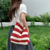 韓國新ins小衆條紋撞色 編織包 大容量休閒百搭 針織單肩 斜跨托特包 海邊渡假編織包 針織托特 韓式純色編織沙灘包