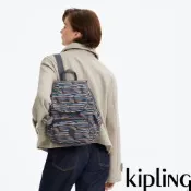 『猴子包』Kipling 灰底條紋拉鍊掀蓋後背包-CITY PACK S
