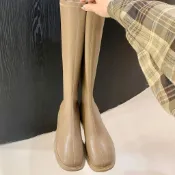 【女生靴子】~真皮長筒靴女平底方頭後拉鍊中高筒靴女騎士靴瘦瘦靴子