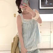 韓系條紋蕾絲吊帶 娃娃衫下擺 春夏甜妹純欲風透氣上衣