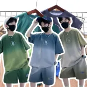 (店+)【Arbea】兒童夏季短袖套裝男童夏裝新款中大童男孩衣服漸變色短袖短褲 C1093