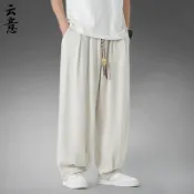 vinne百貨家居 男士大尺碼民俗風寬褲闊腿褲 太極褲男中國風夏季大尺碼武術練功褲闊腿寬松燈籠褲棉麻功夫長褲子