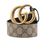 【GUCCI 古馳】霧金雙G Logo 防水皮革拼牛皮皮帶_寬4cm(米色/黑色)