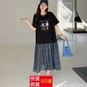 L-3XL 128cm大胸围夏季洋裝 新款實拍 寬鬆大顯瘦拚接碎花裙擺印花短袖大尺碼洋裝 大尺碼女裝