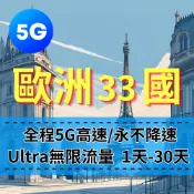 【eSIM】【6至30天】Ultra歐洲33國 5G高速無限流量上網  歐洲上網 吃到飽