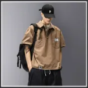 [宅男屋】短袖polo衫男夏季工裝襯衫日系復古翻領5分短袖設計感t恤痞帥襯衣寬鬆設計感雙口袋百搭短袖襯衣PRL635
