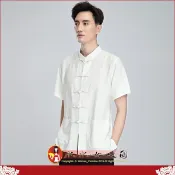中國風男裝短袖唐裝上衣優質純色復古棉麻精繡中山裝漢服男青年時尚必備襯衫｜風流 白色｜水水女人國