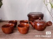 日本天然木側手煎茶揃 一壺四杯加竹編大漆茶倉
