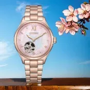 【CITIZEN 星辰】母親節推薦款 櫻花限定鏤空機械錶 女錶-34mm 錶 生日禮 送禮(PC1017-96W)