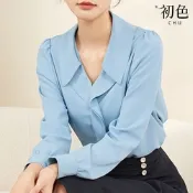 初色 法式簡約休閒素色荷葉邊翻領開襟V領長袖寬鬆中大尺碼雪紡衫襯衫上衣-藍色-31173(M-2XL可選)