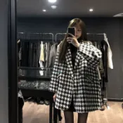 千鳥格子毛呢外套女秋冬季新款韓版寬鬆休閒加厚中長款大衣女 女裝 上衣 外套 呢子外套 秋冬外套 中長款外套 寬鬆顯瘦
