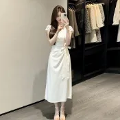 【夏天Summer】🔥收腰綁帶長洋裝小眾設計感不撞款 V 領短袖 A 字大擺連身裙 夏季溫柔氣質顯瘦約會必備過膝垂墜感